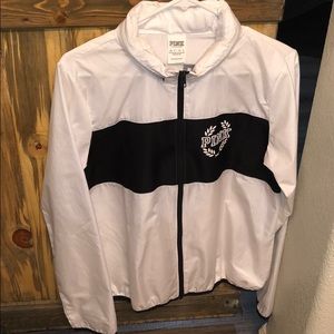 Black and white windbreaker.